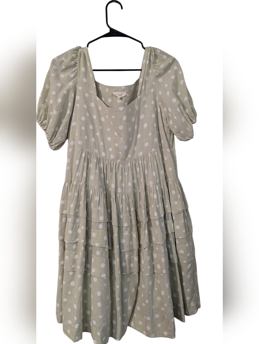 Easel, Sage Green Oversize Tiered Polka Dot Dress, Size S